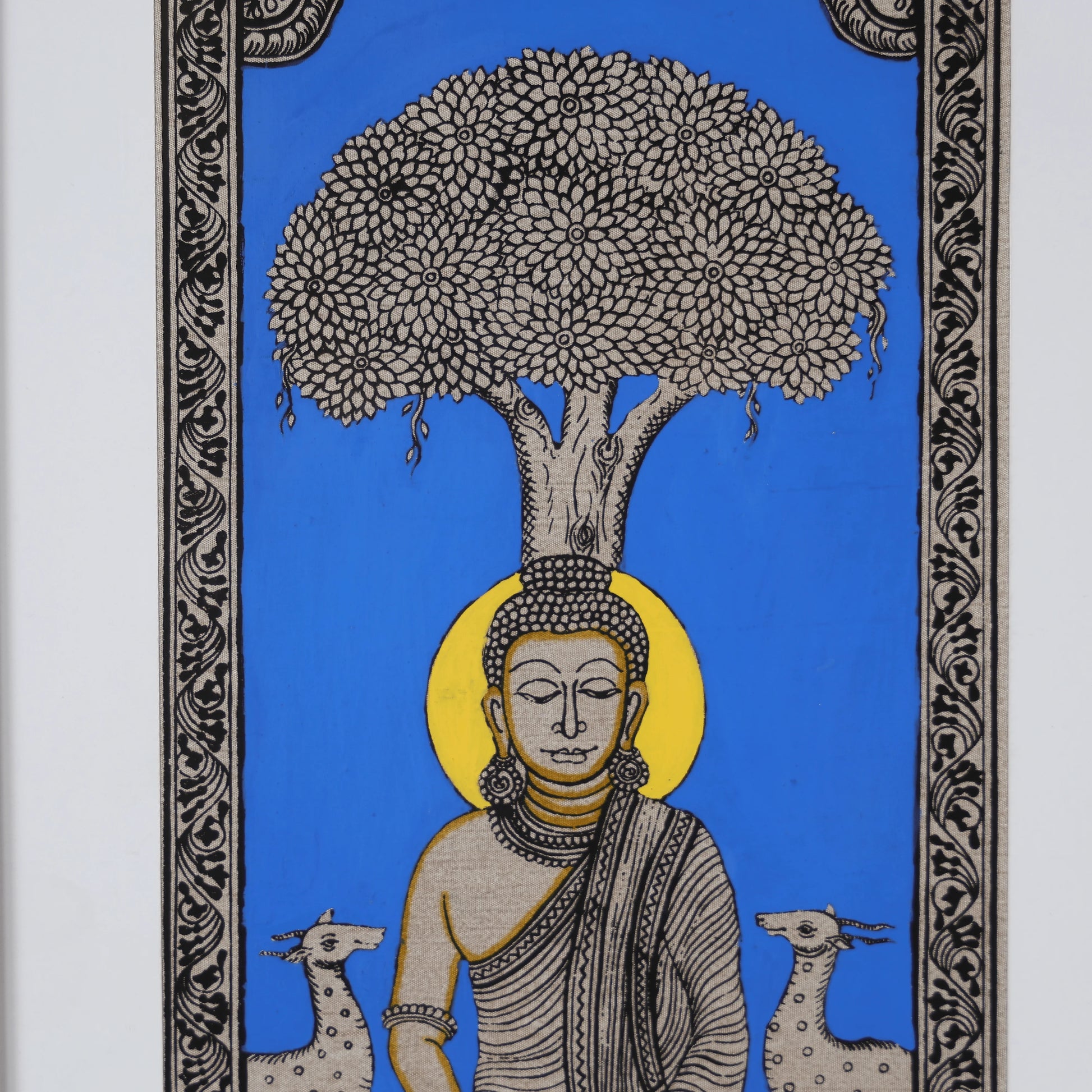 22" Pattachitra Hand Painted on Silk Wall Art of Lord Buddha Seated Under Bodhi Tree