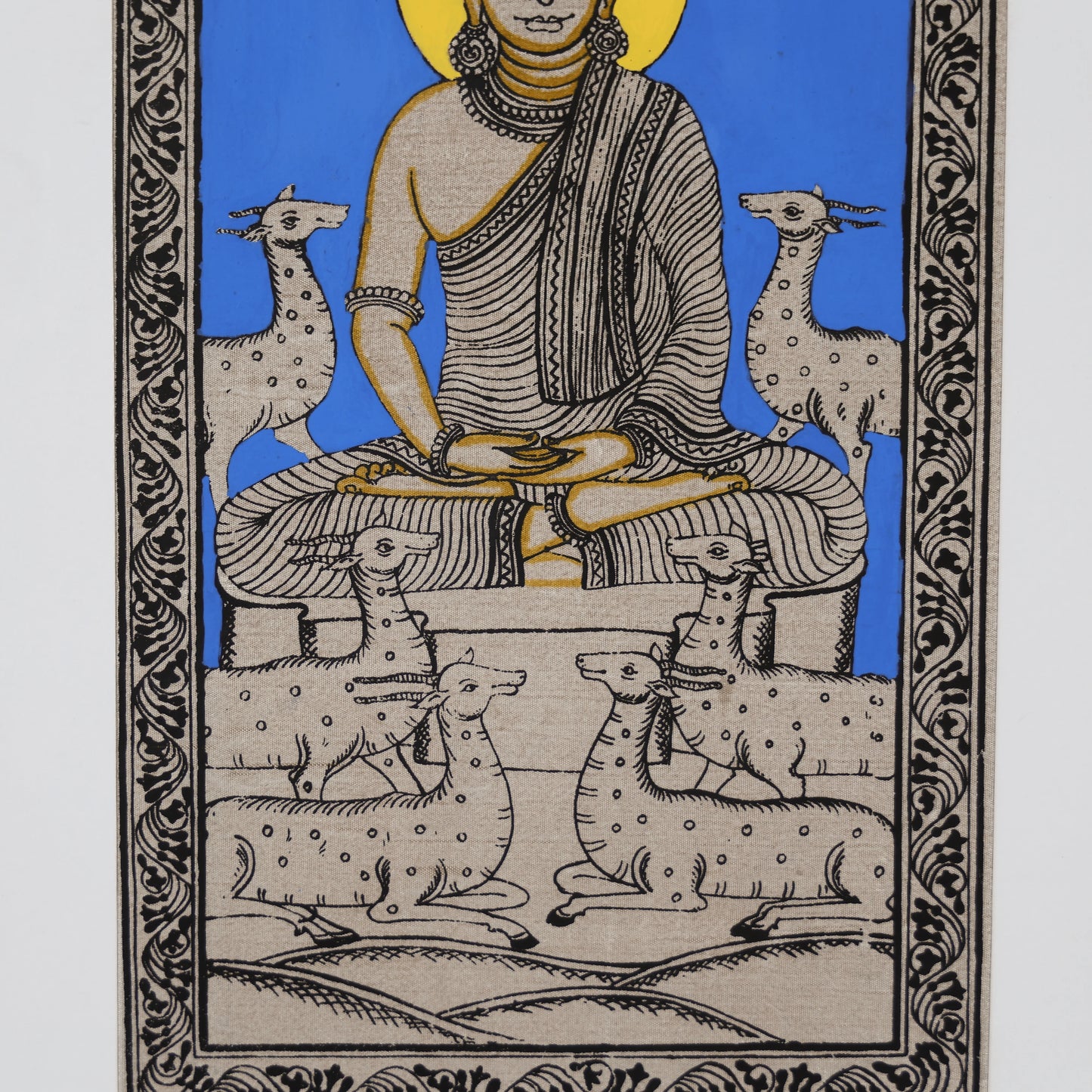 22" Pattachitra Hand Painted on Silk Wall Art of Lord Buddha Seated Under Bodhi Tree