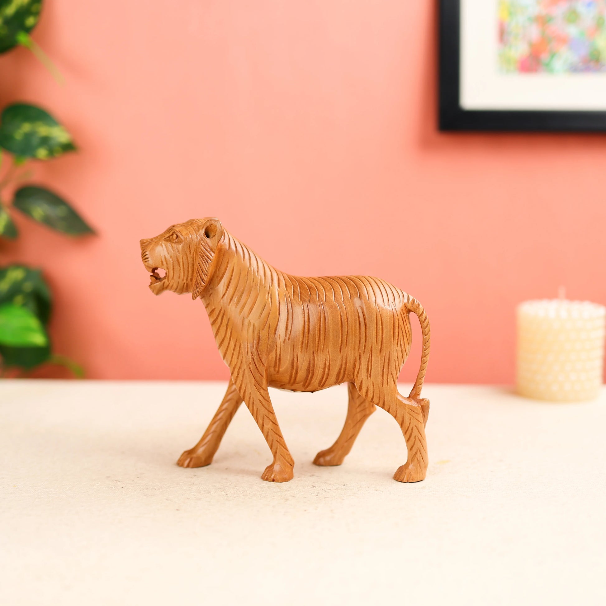 Kadam Wood Carved Royal Bengal Tiger Table Decor