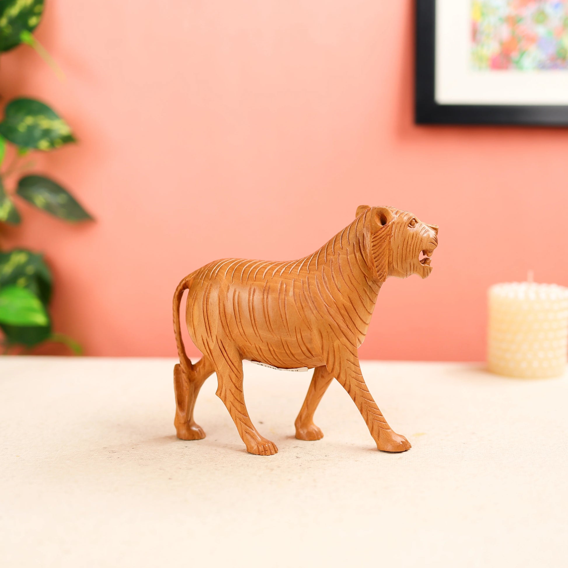 Kadam Wood Carved Royal Bengal Tiger Table Decor