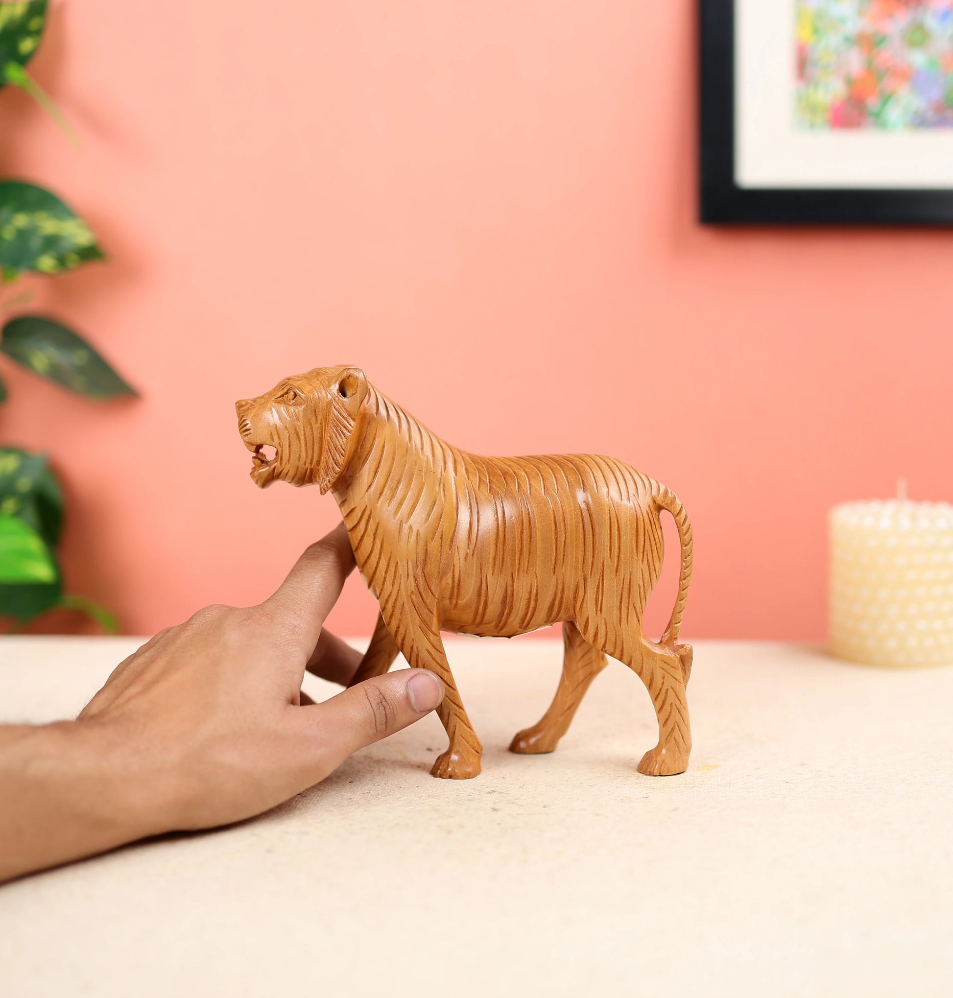 Kadam Wood Carved Royal Bengal Tiger Table Decor