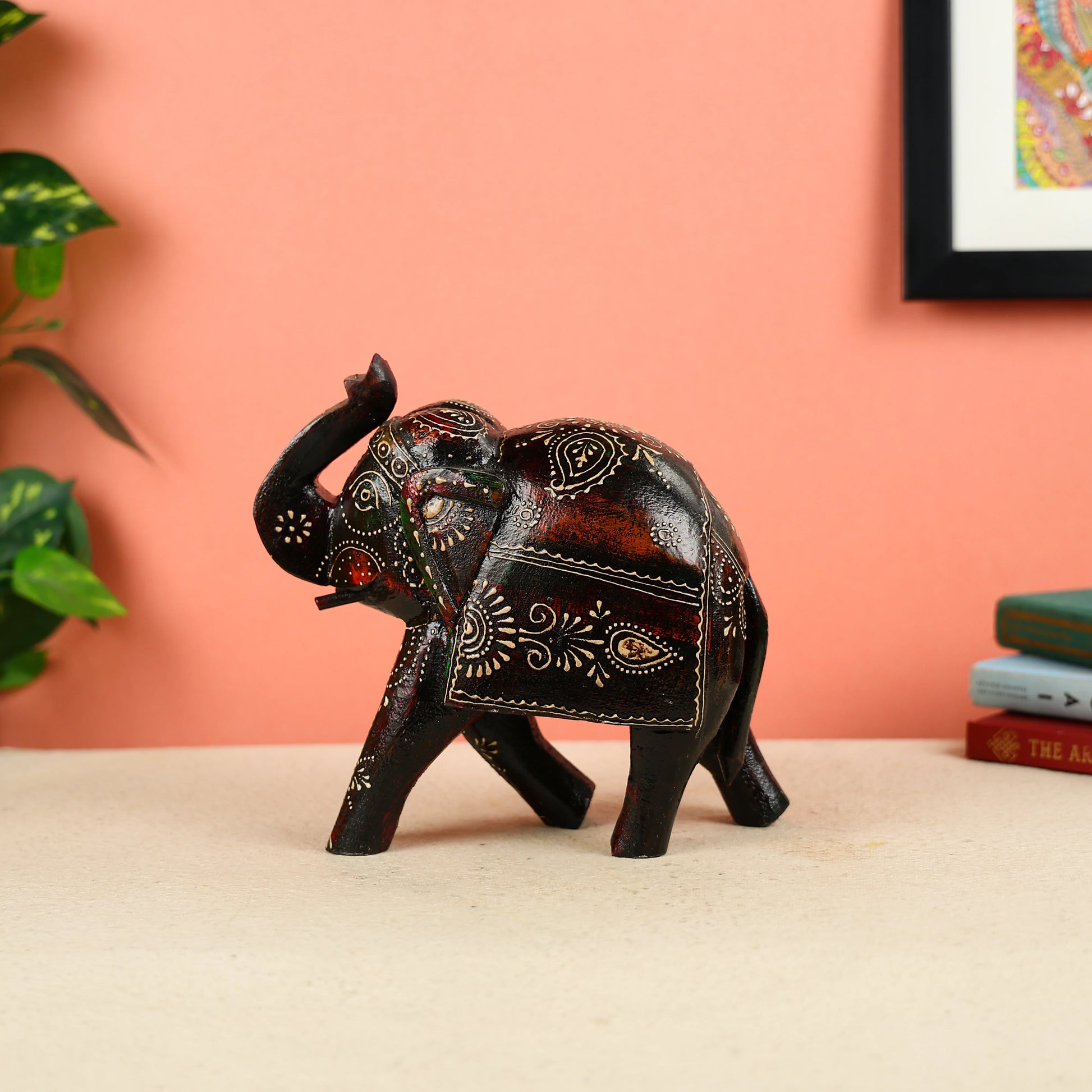 Hand Painted Dark Brown Wooden Elephant Table Decor