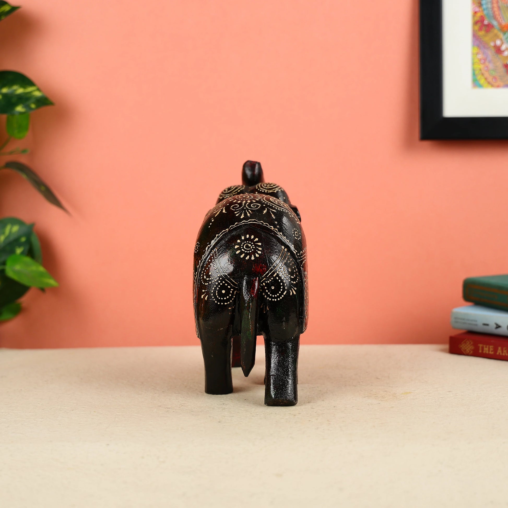 Hand Painted Dark Brown Wooden Elephant Table Decor