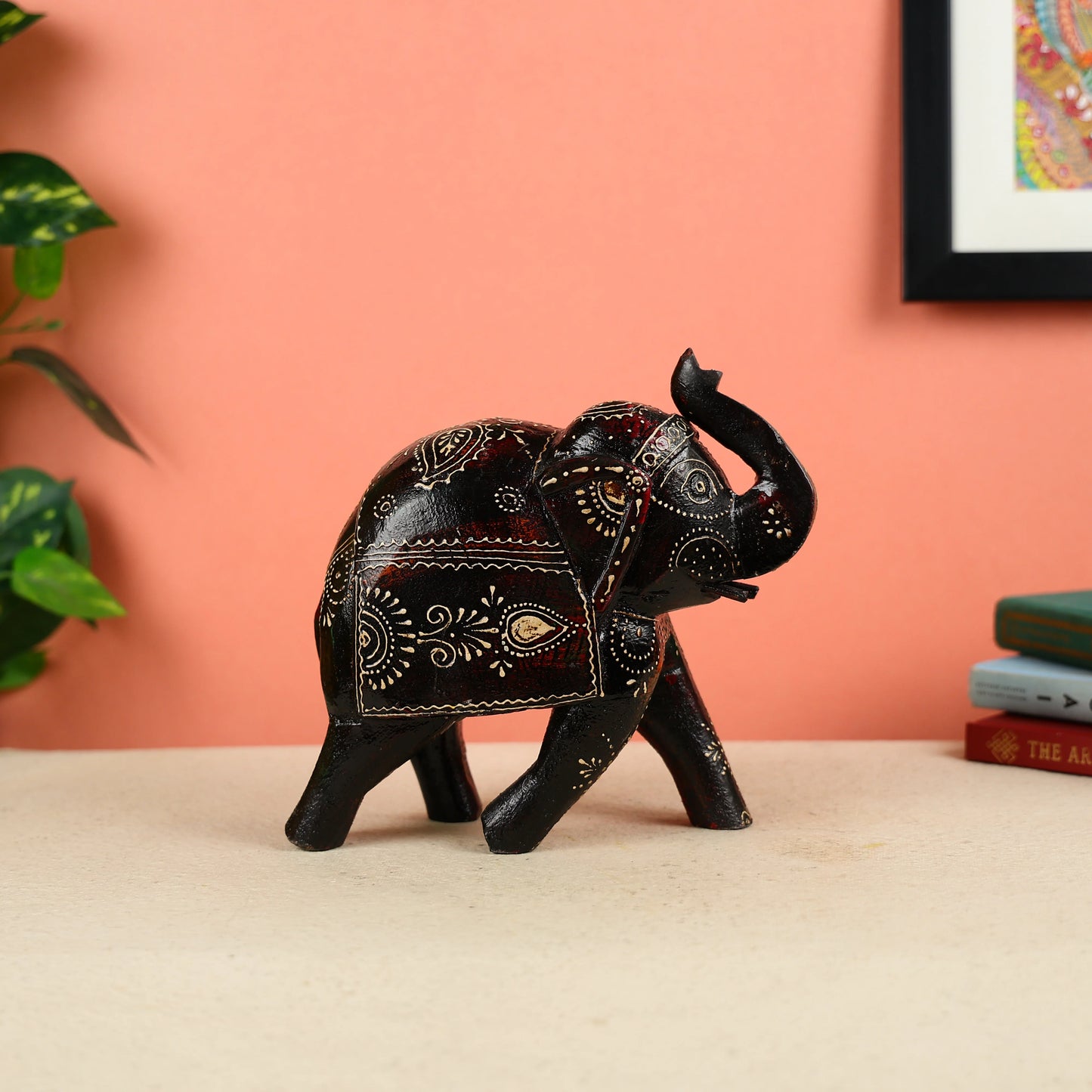 Hand Painted Dark Brown Wooden Elephant Table Decor