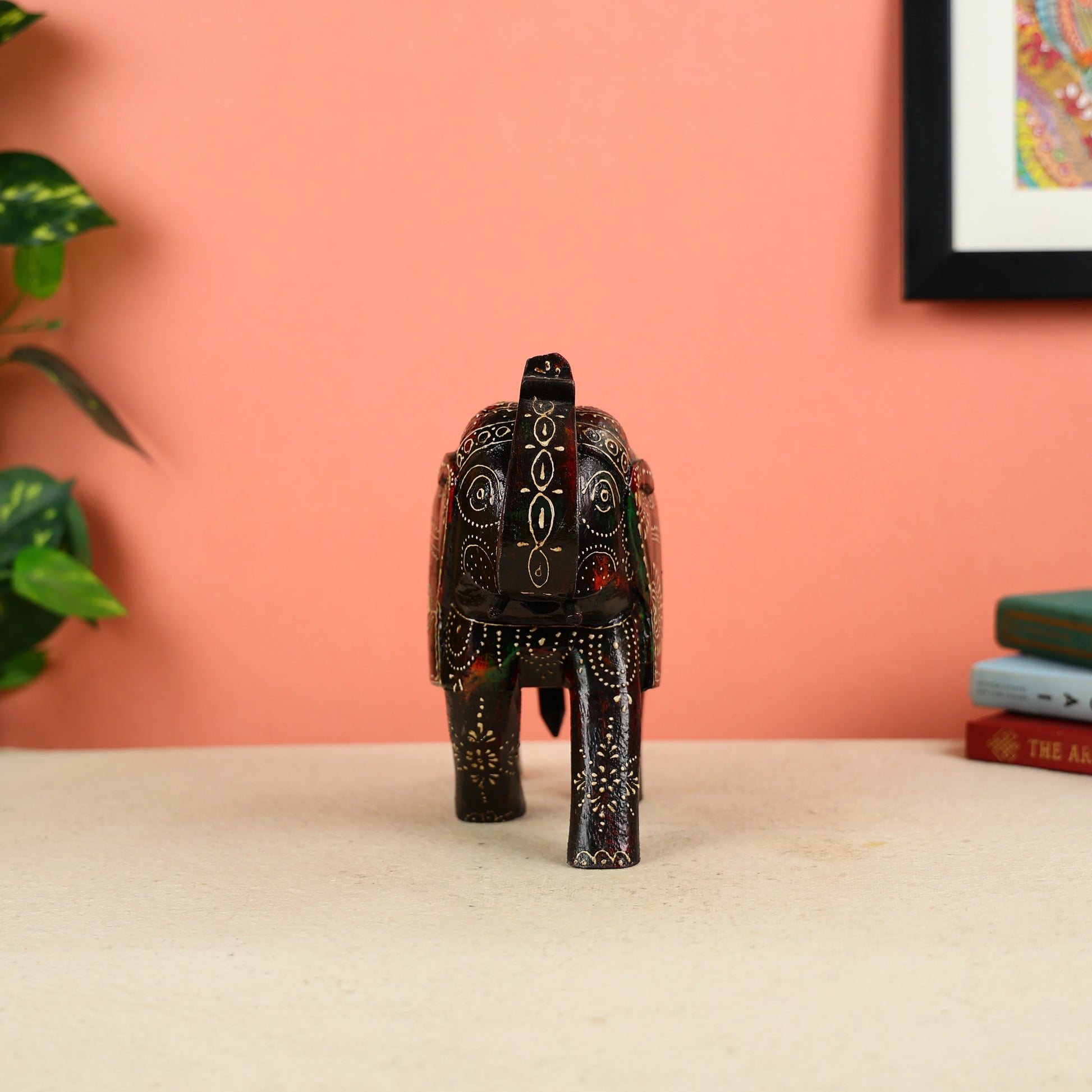 Hand Painted Dark Brown Wooden Elephant Table Decor