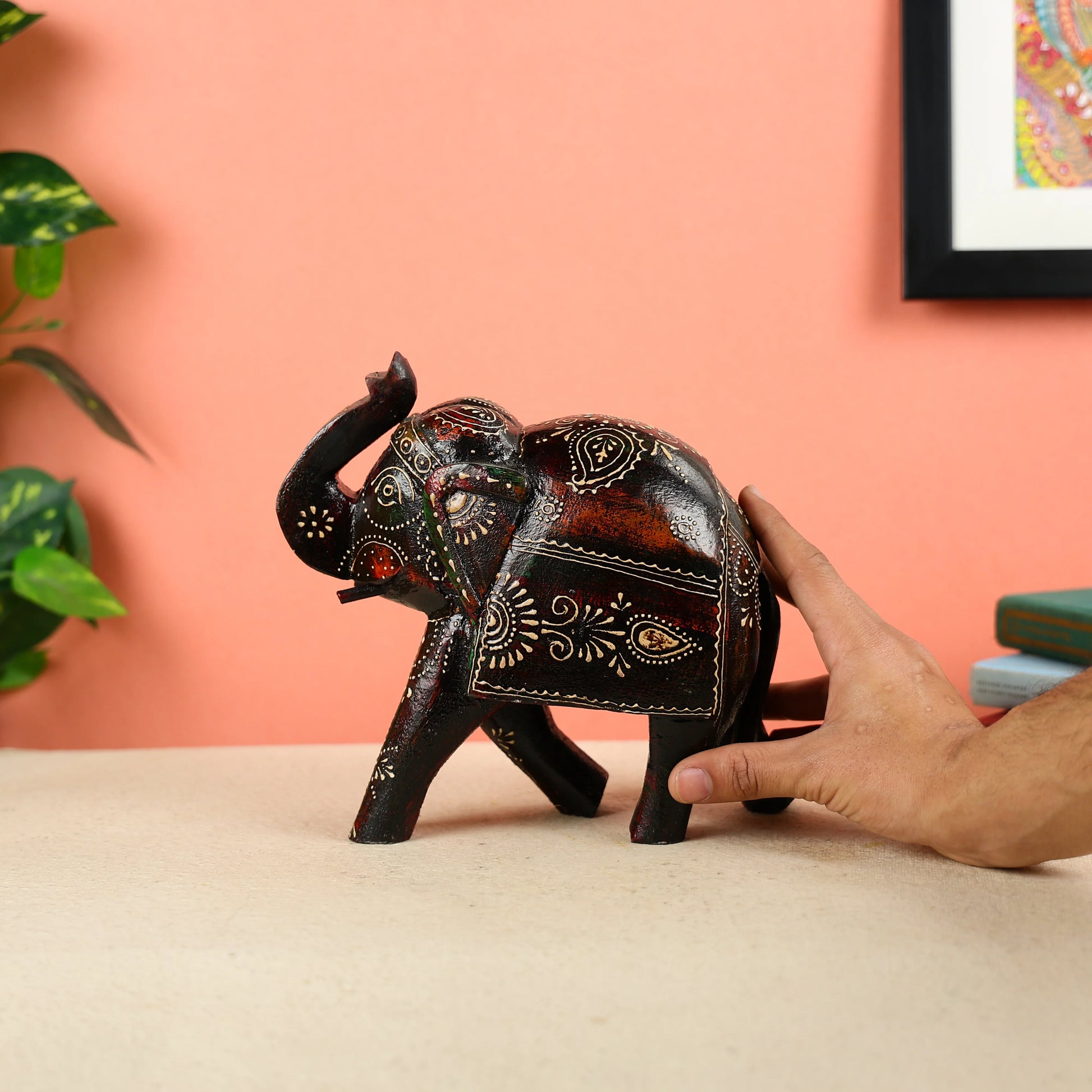 Hand Painted Dark Brown Wooden Elephant Table Decor