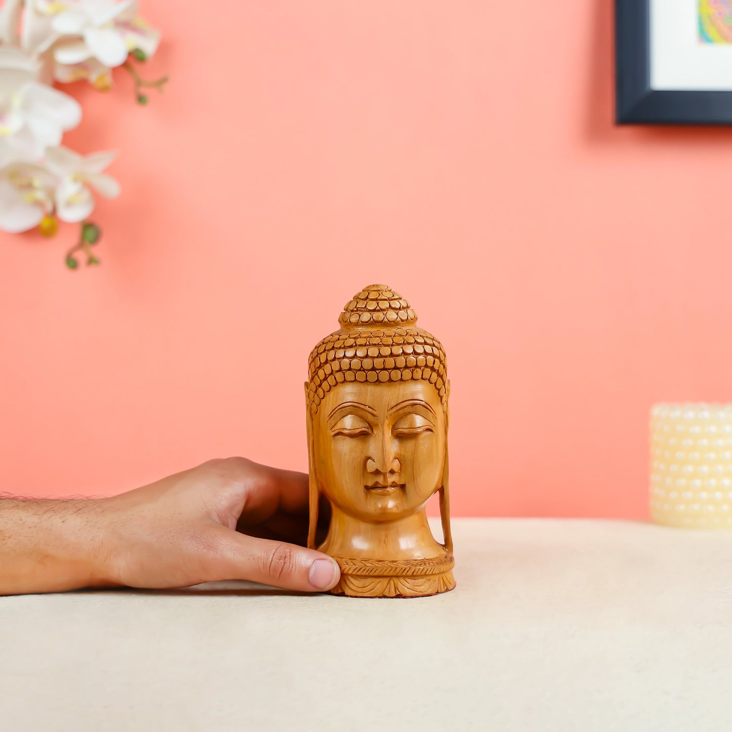 Wooden Buddha Head Statue