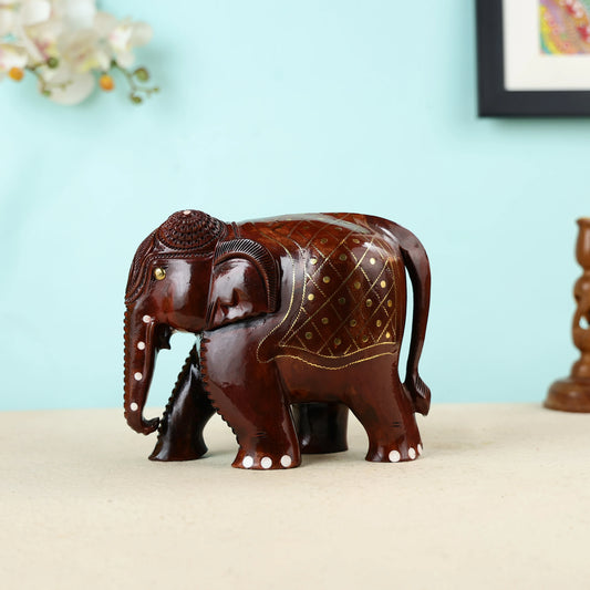 Handcrafted Wood Carved Small Elephant with Brass Wire Inlay Work