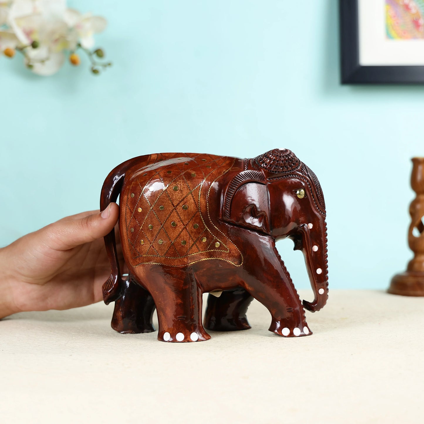 Handcrafted Wood Carved Small Elephant with Brass Wire Inlay Work