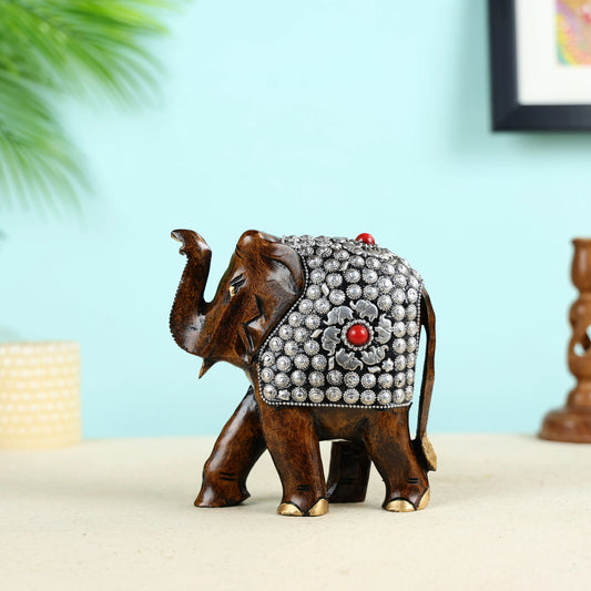 Hand Carved Welcoming Elephant With Metal Beads Work Table Decor