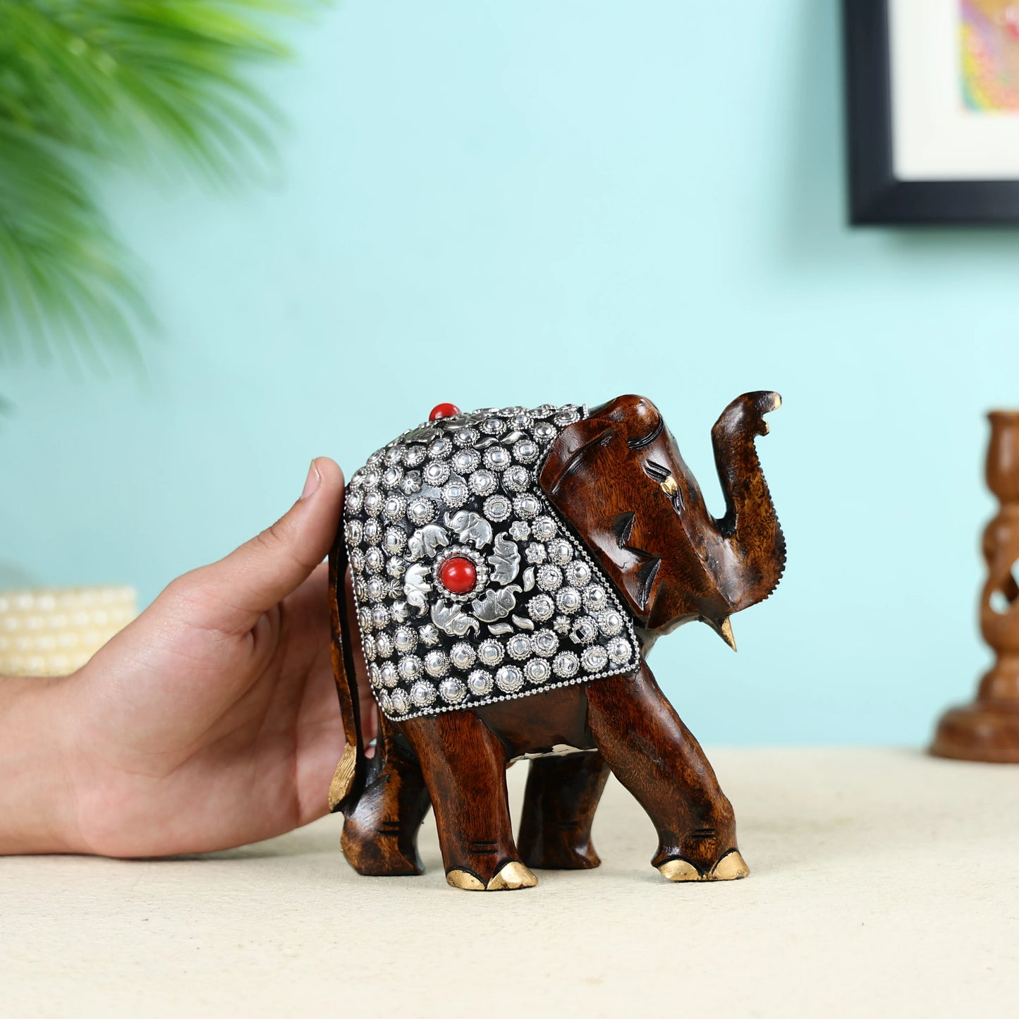 Hand Carved Welcoming Elephant With Metal Beads Work Table Decor