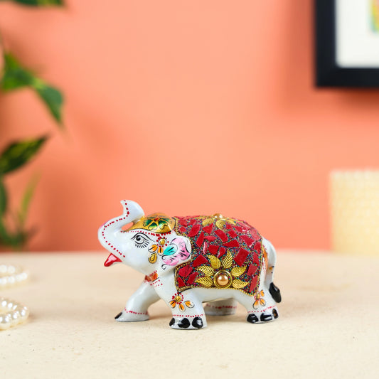 White Meenakari Worked Elephant Studded With Red Stone Pieces