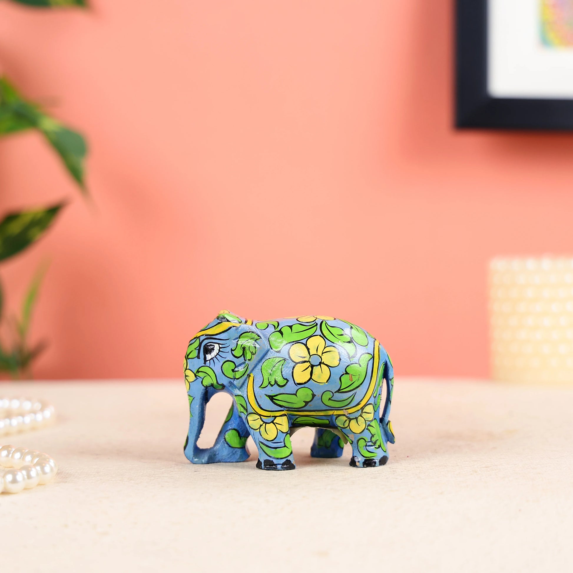 Hand-painted Wooden Carved Light Blue Elephant Wooden Table Decor