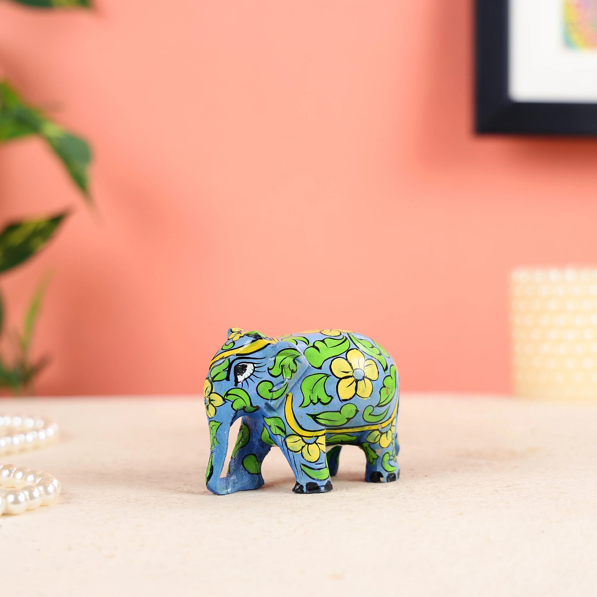 Hand-painted Wooden Carved Light Blue Elephant Wooden Table Decor