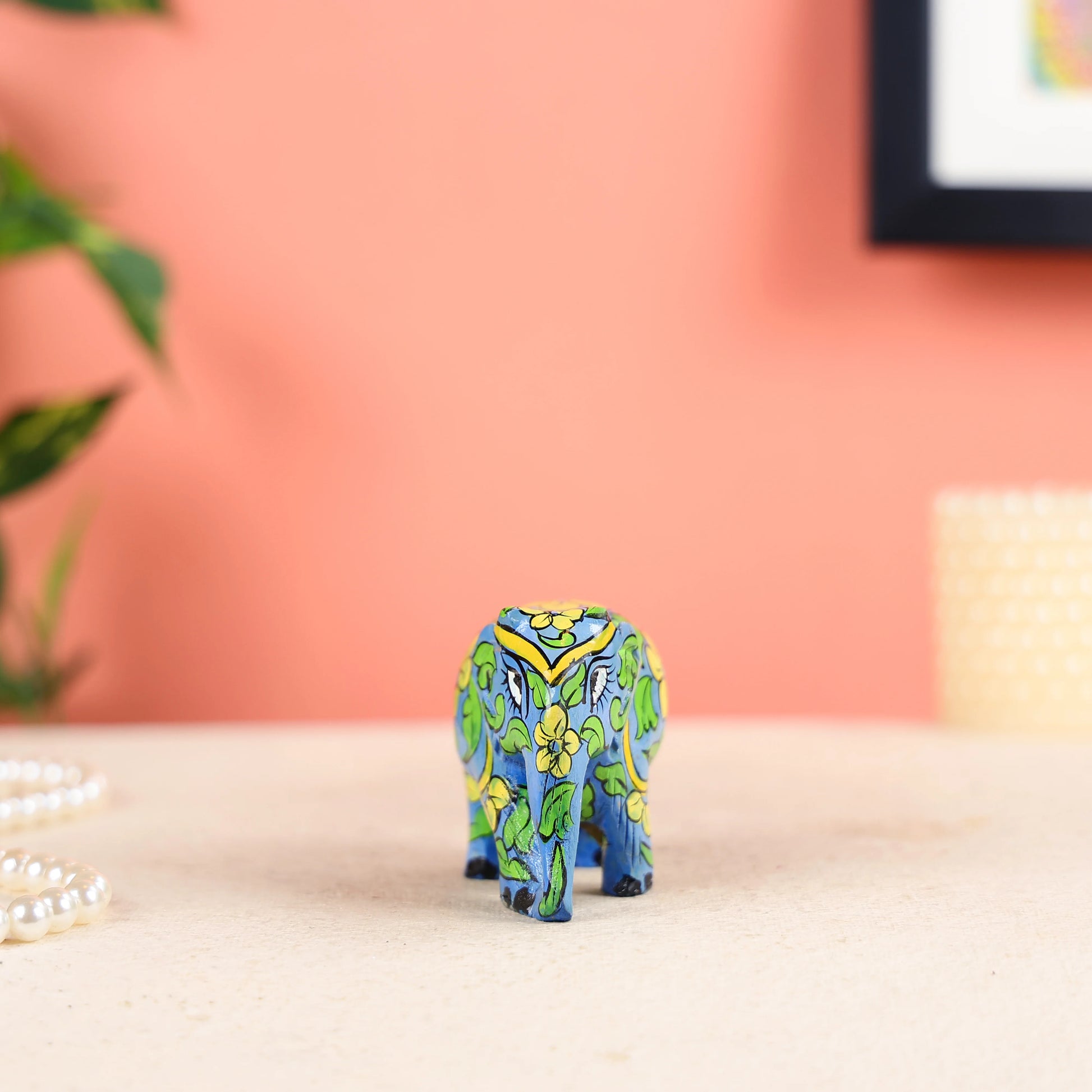 Hand-painted Wooden Carved Light Blue Elephant Wooden Table Decor