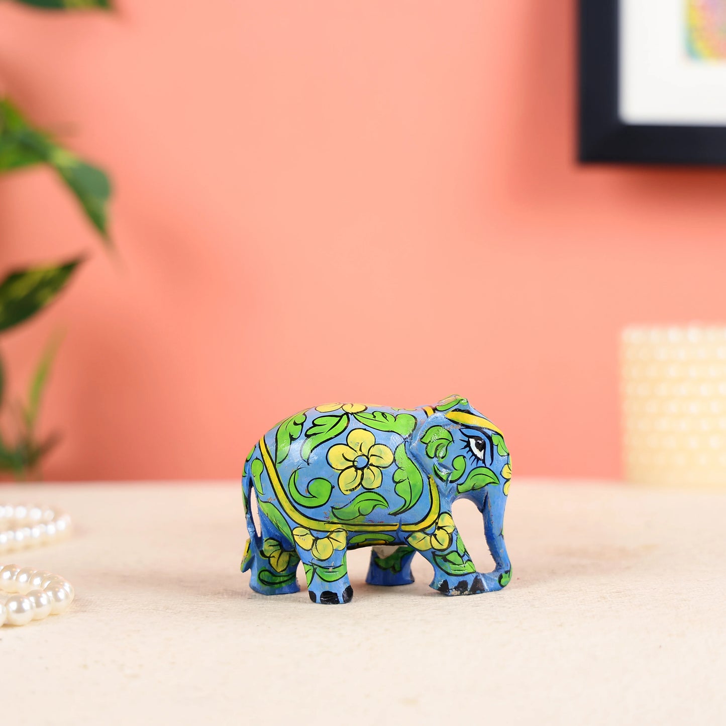 Hand-painted Wooden Carved Light Blue Elephant Wooden Table Decor