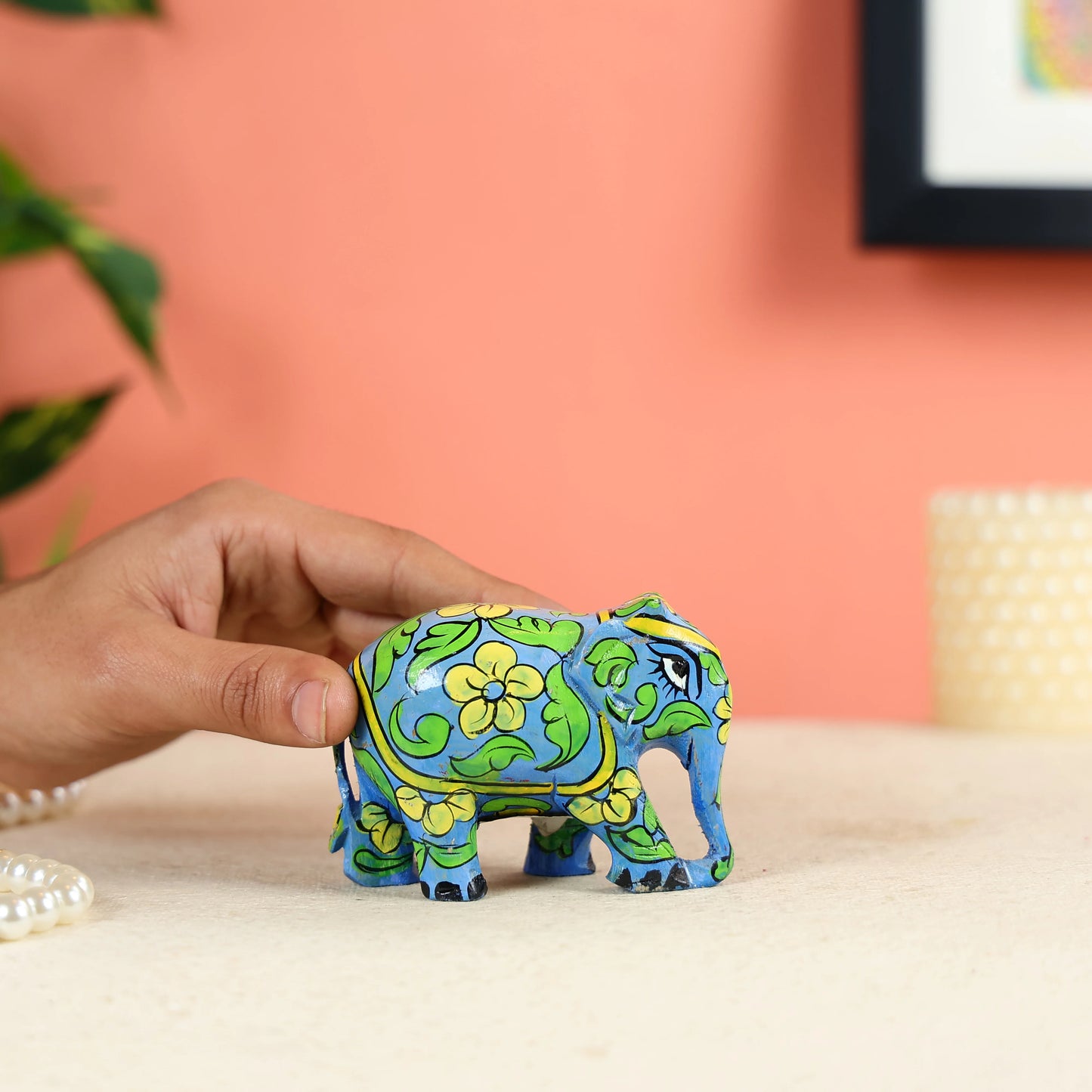 Hand-painted Wooden Carved Light Blue Elephant Wooden Table Decor