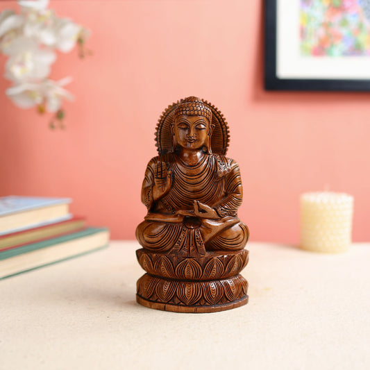 Kadam Wood Carved Lord Buddha in Dharma Chakra Posture 1