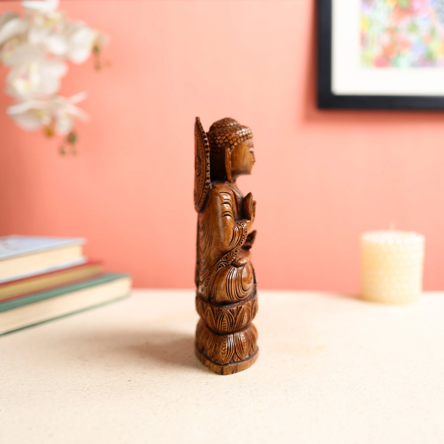 Kadam Wood Carved Lord Buddha in Dharma Chakra Posture 3