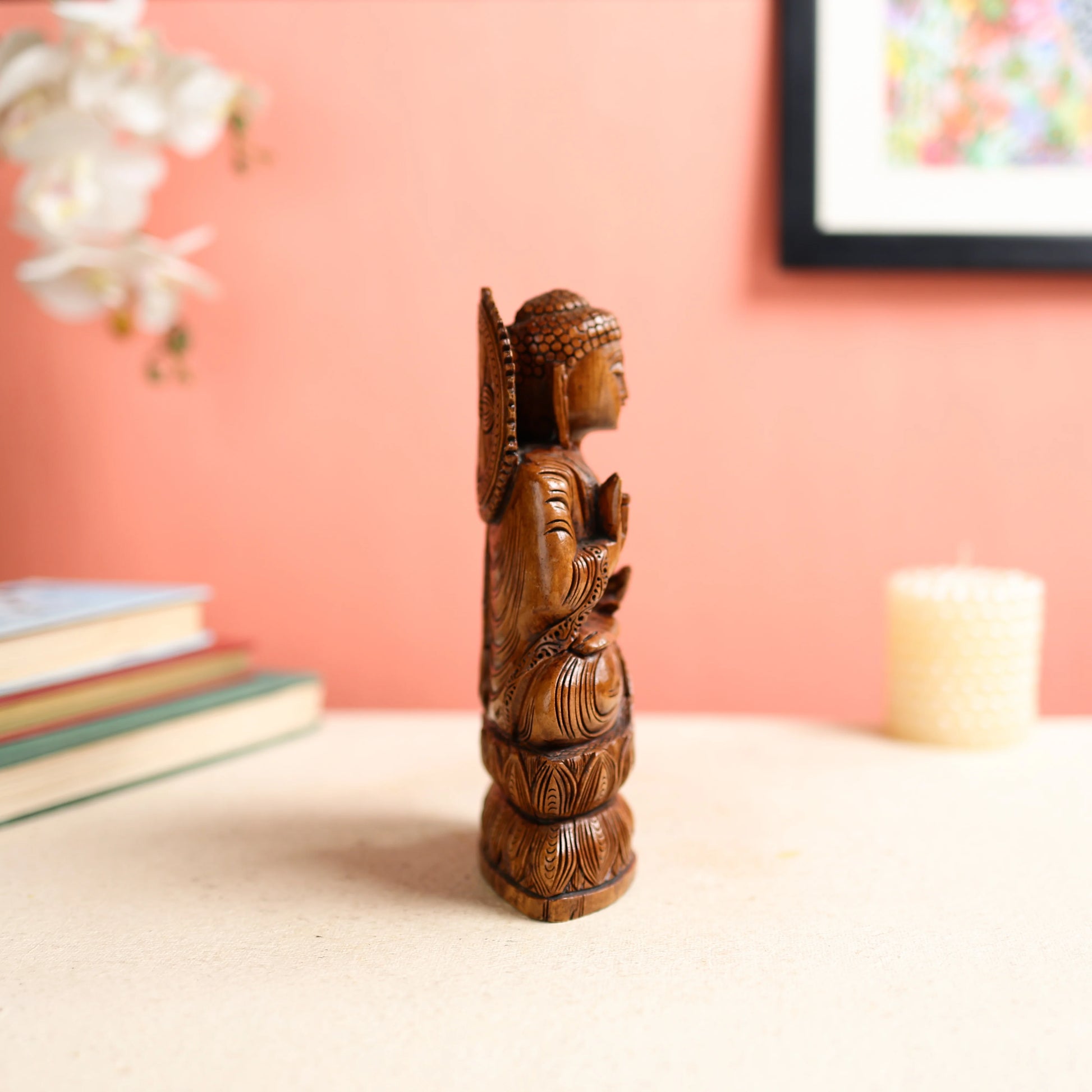 Kadam Wood Carved Lord Buddha in Dharma Chakra Posture 3