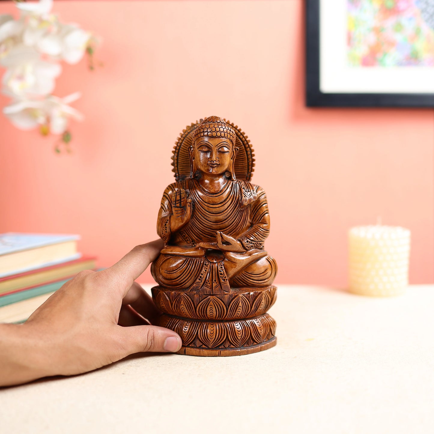 Kadam Wood Carved Lord Buddha in Dharma Chakra Posture 4