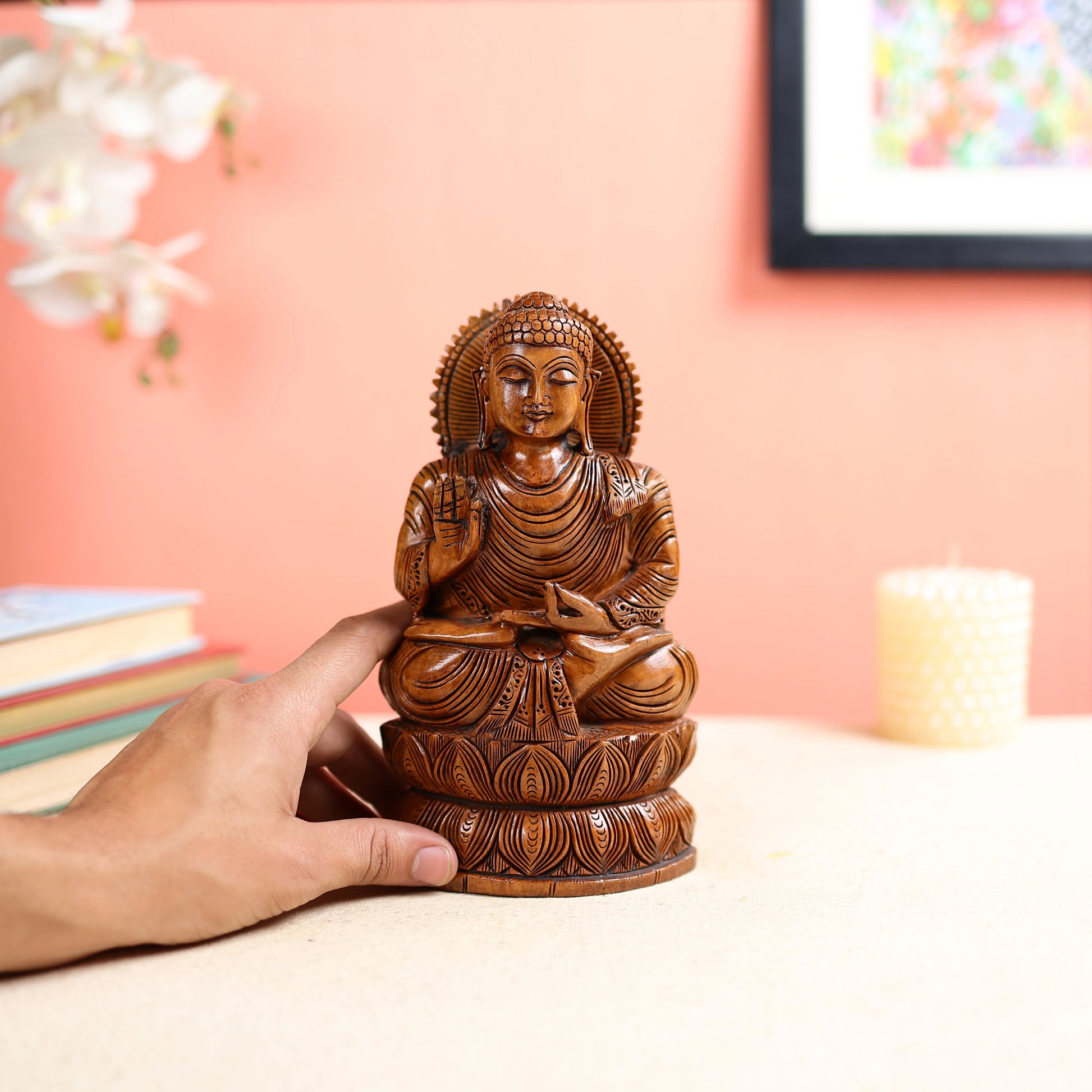 Kadam Wood Carved Lord Buddha in Dharma Chakra Posture 4