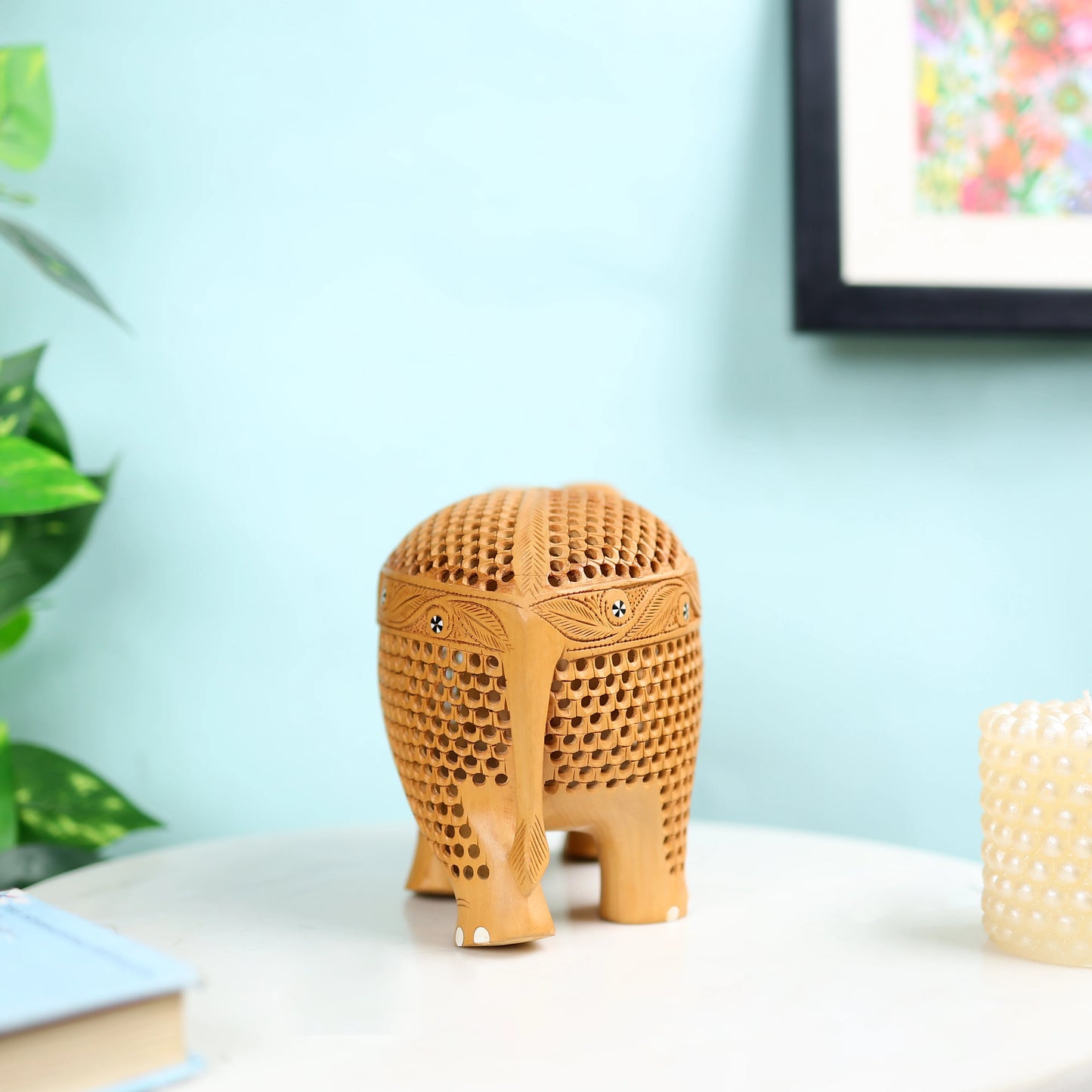 Kadam Wood Undercut Fine Inlay Elephant Table Decor 2