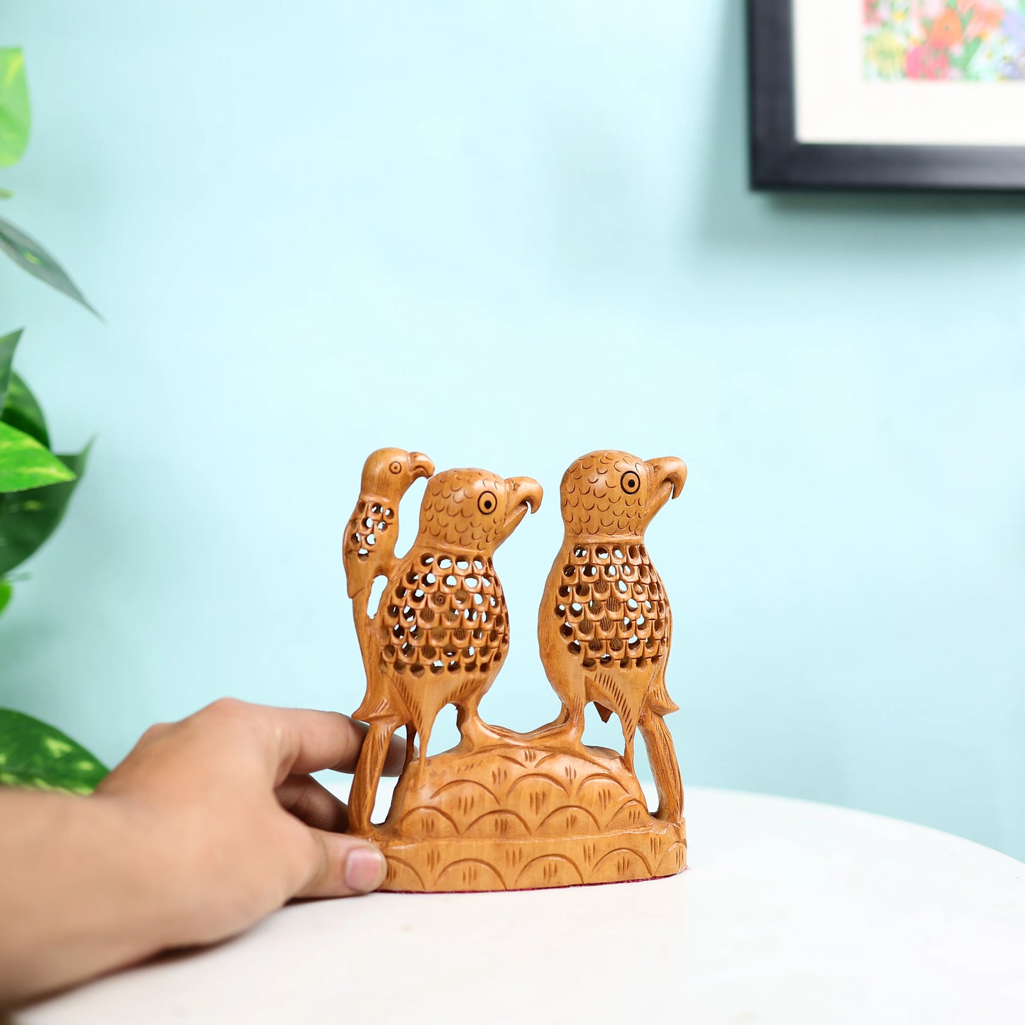 Kadam Wood Undercut Fine Love Birds Table Decor 4
