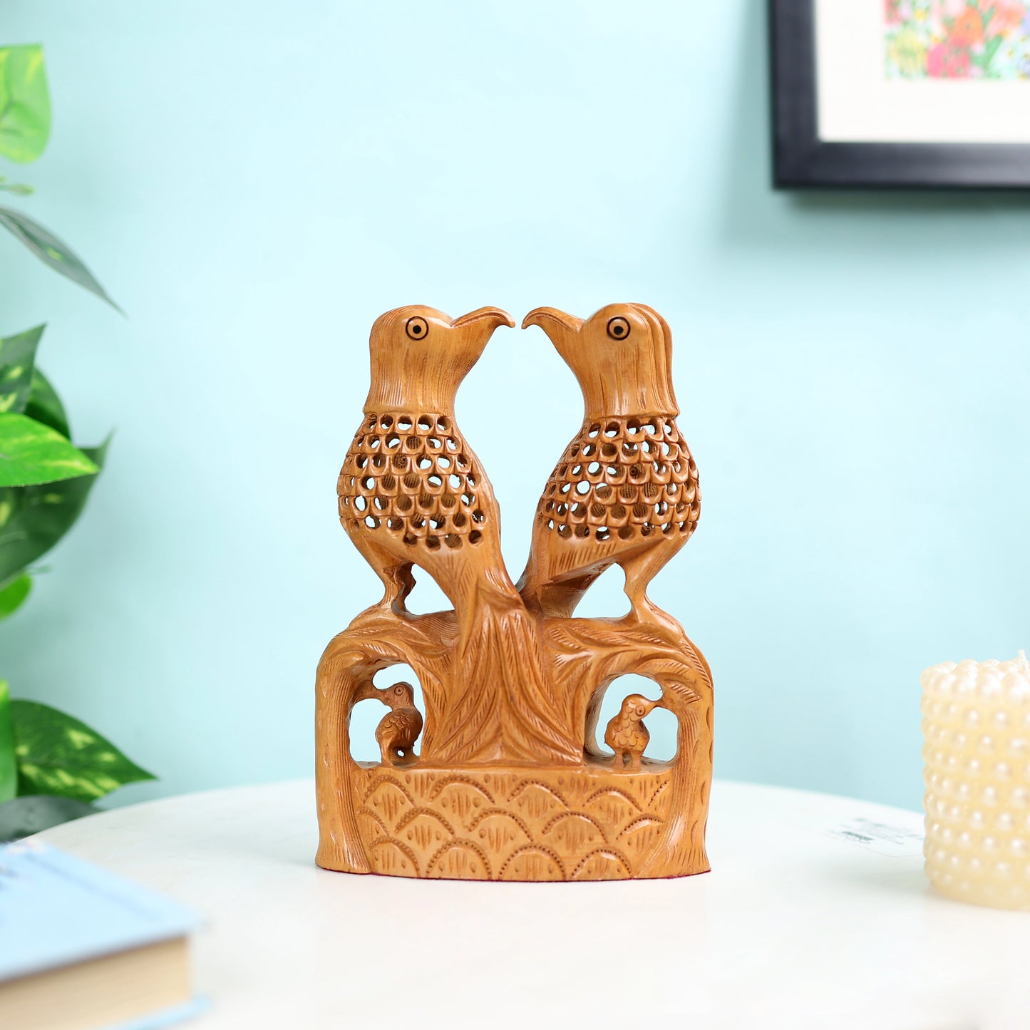 Kadam Wood Undercut Fine Love Birds Table Decor L 1