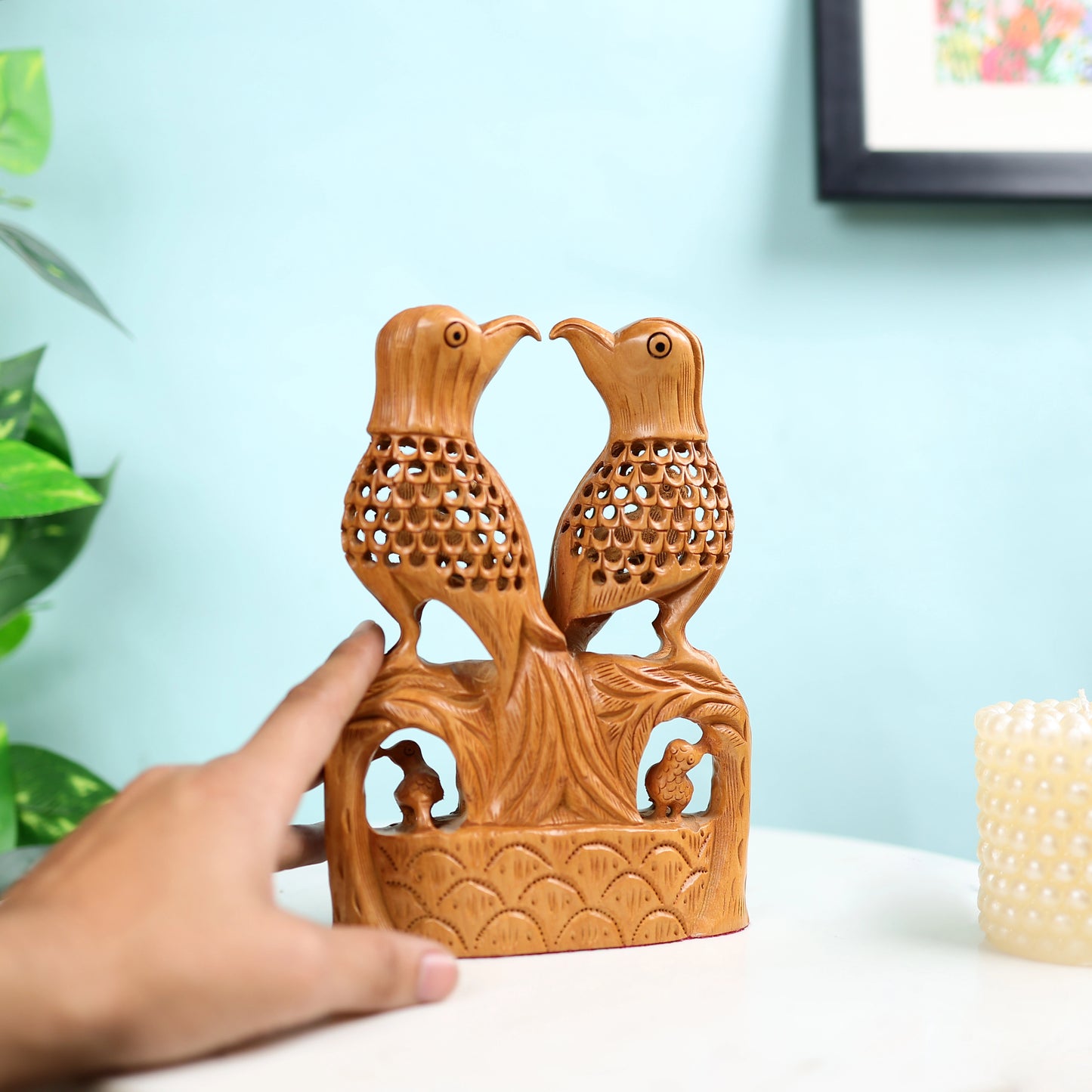 Kadam Wood Undercut Fine Love Birds Table Decor  L 3