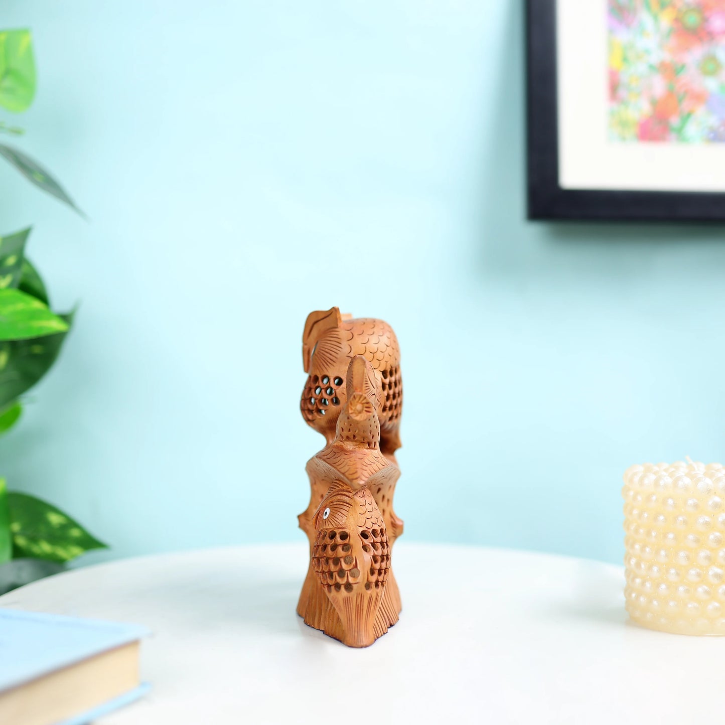 Kadam Wood Undercut Fine Owl Family Table Decor 3