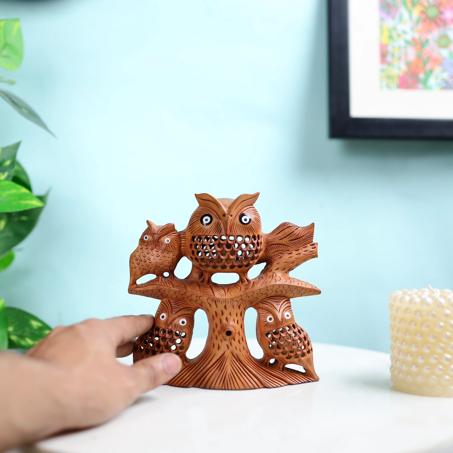 Kadam Wood Undercut Fine Owl Family Table Decor 4