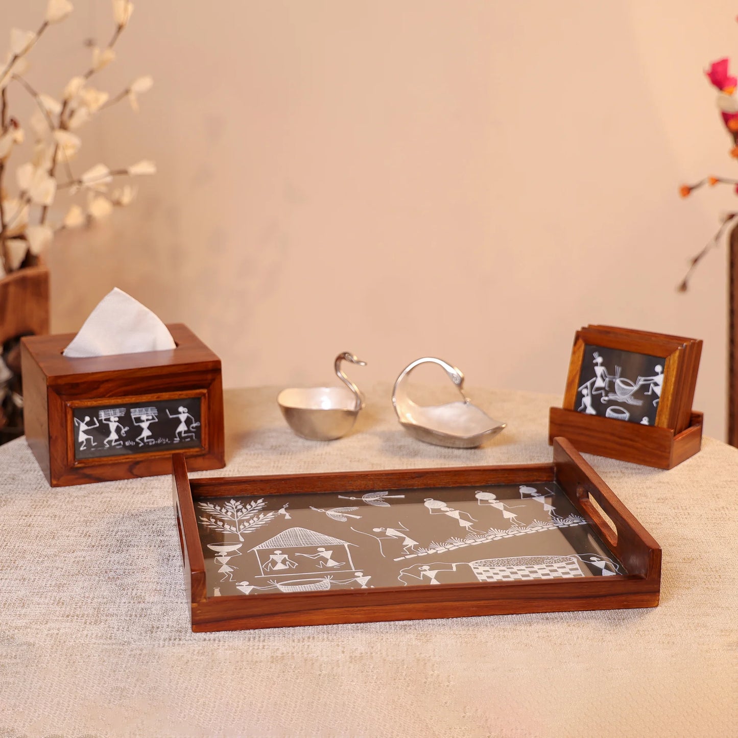 Teak Wood & Glass Framed Tribal Warli Art Serving Tray