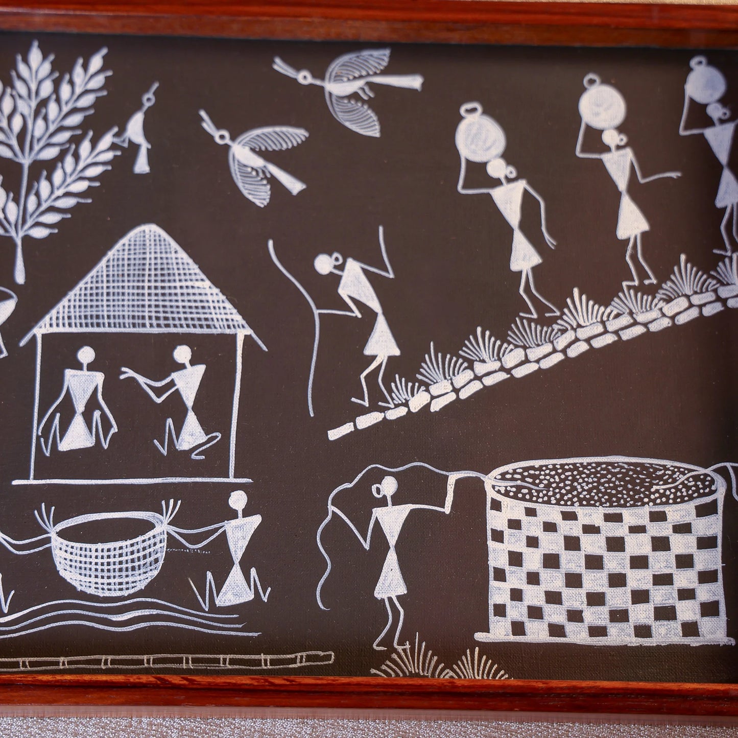Teak Wood & Glass Framed Tribal Warli Art Serving Tray