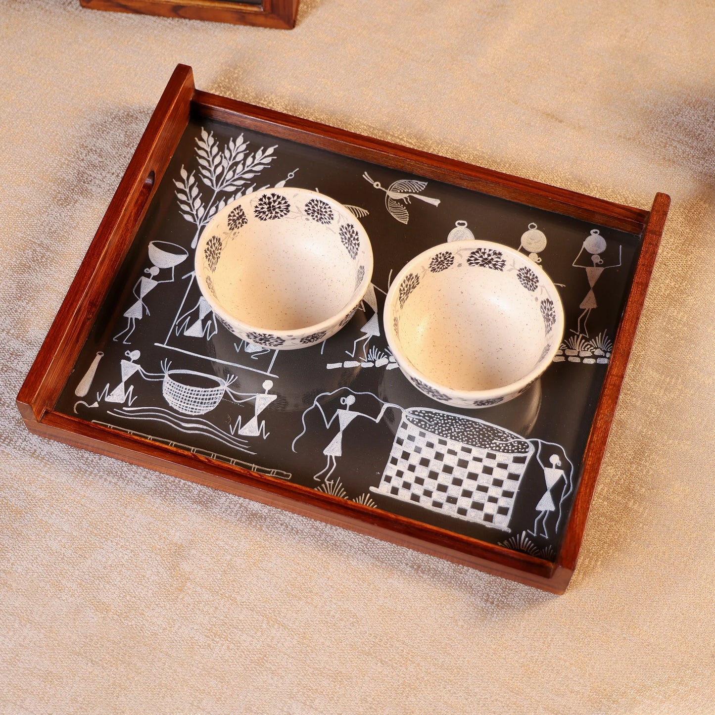 Teak Wood & Glass Framed Tribal Warli Art Serving Tray