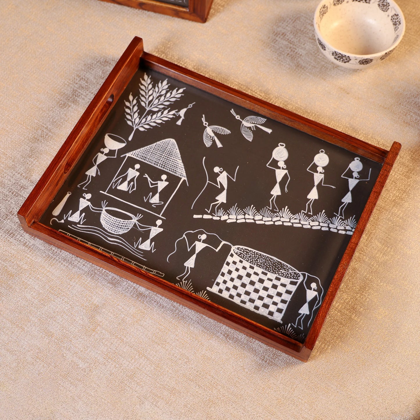 Teak Wood & Glass Framed Tribal Warli Art Serving Tray