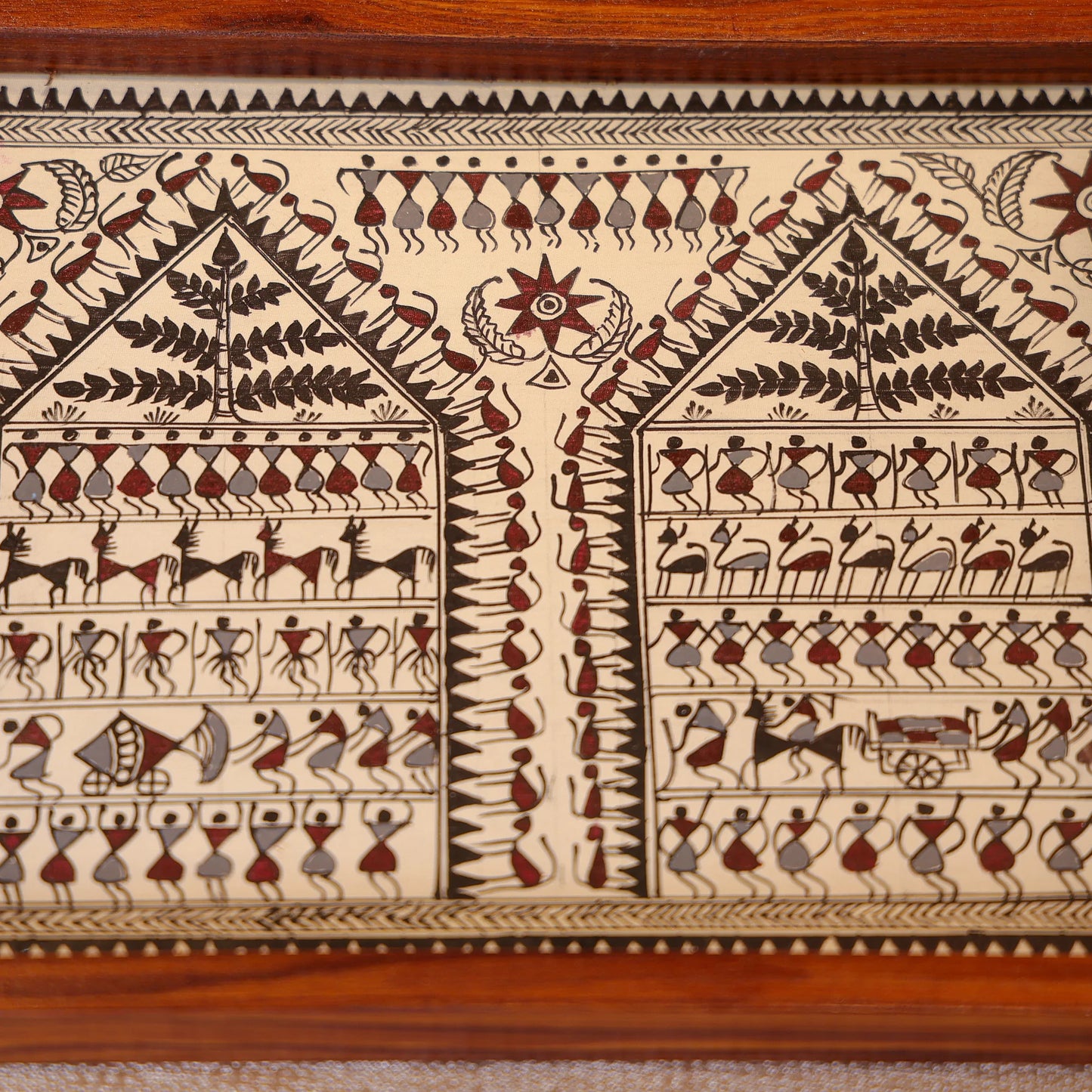 Teak Wood & Glass Framed Tribal Saura Art Serving Tray