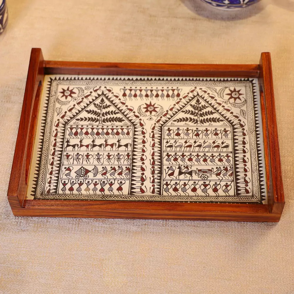 Teak Wood & Glass Framed Tribal Saura Art Serving Tray