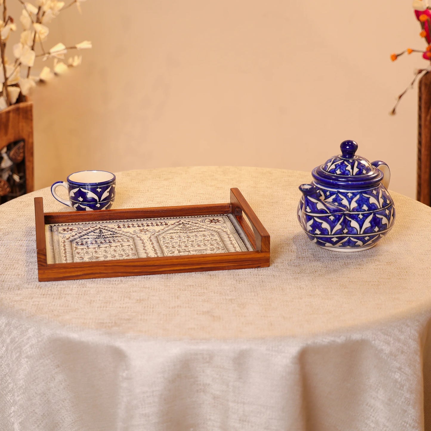 Teak Wood & Glass Framed Tribal Saura Art Serving Tray