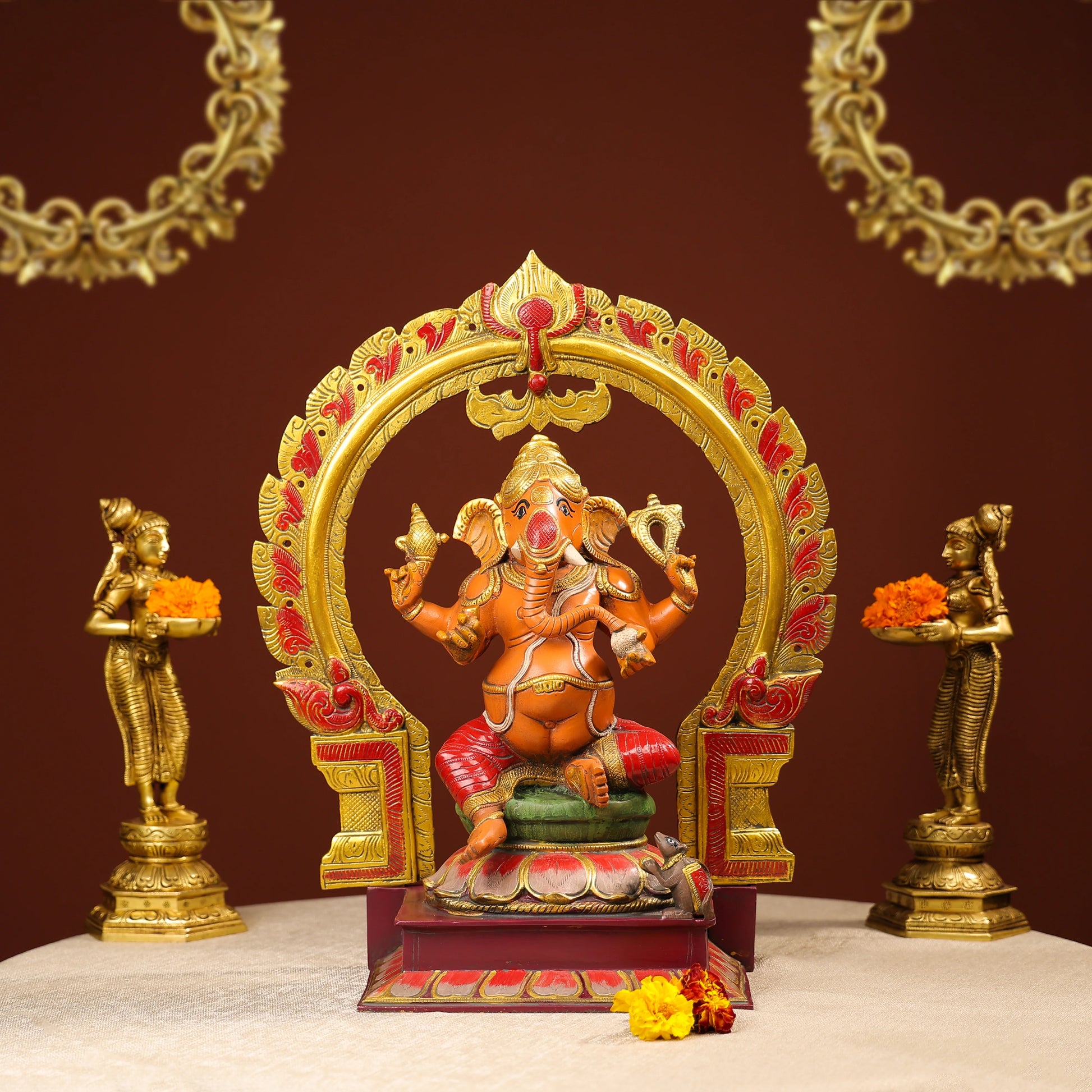 Multi coloured Ganesha Idol With Prabhavali And Mooshika