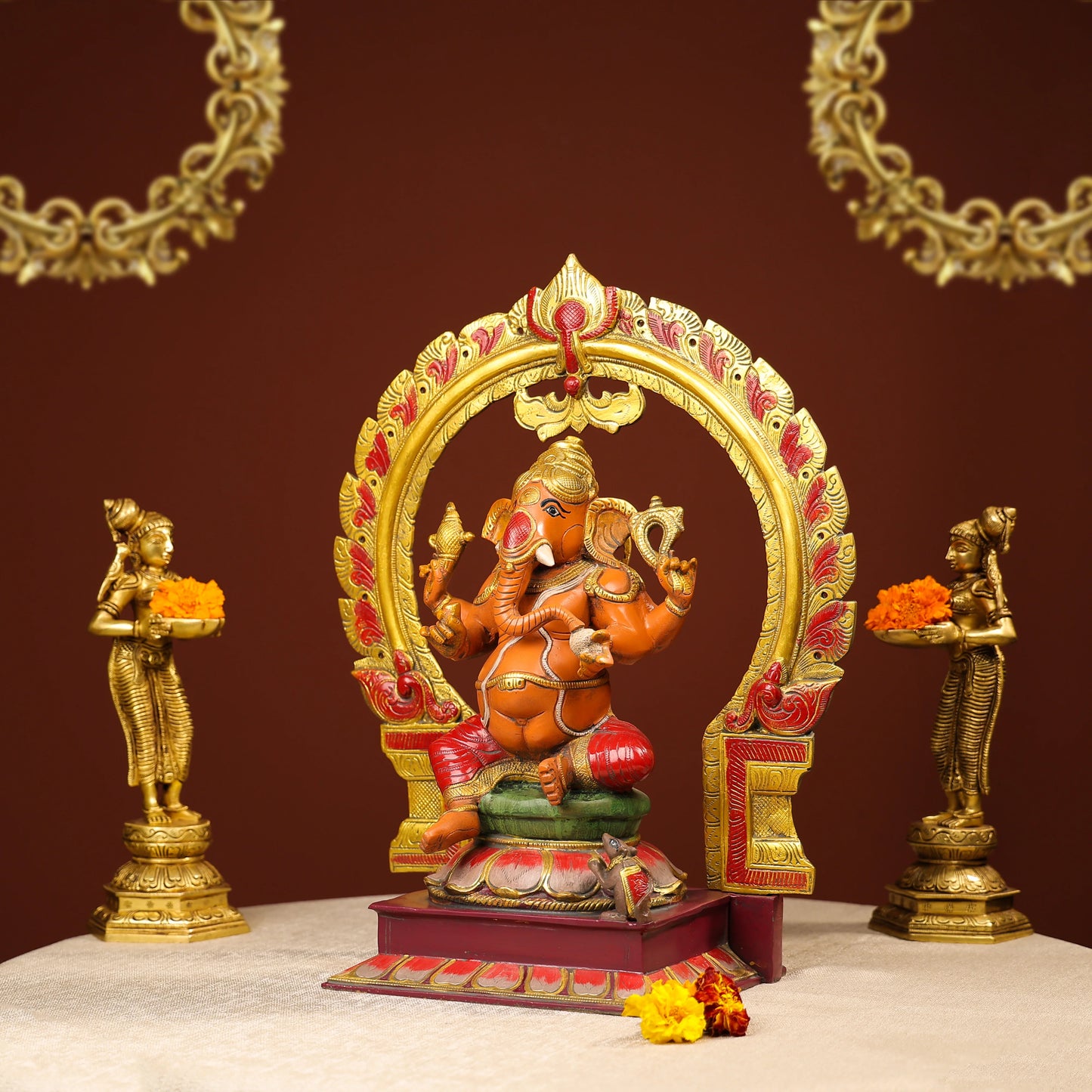 Multi coloured Ganesha Idol With Prabhavali And Mooshika