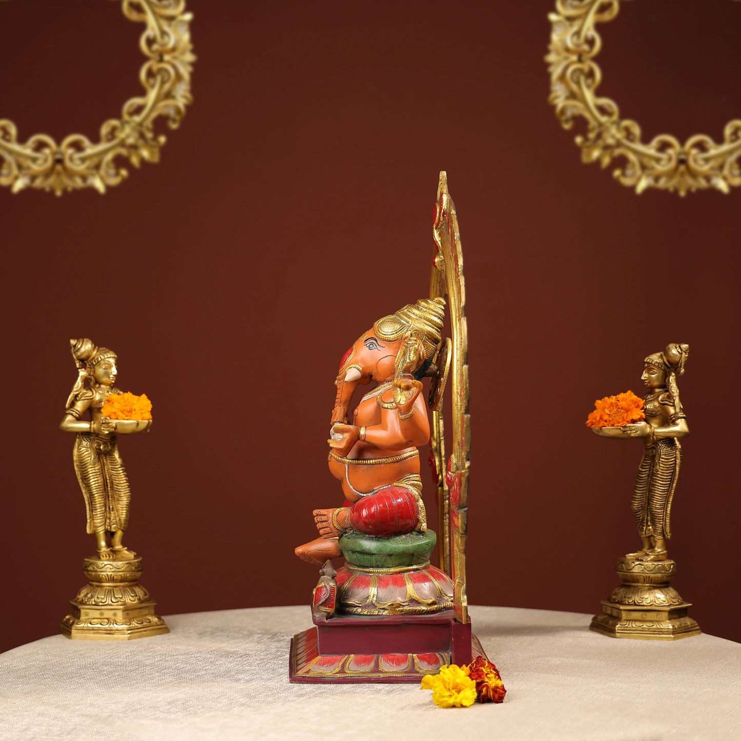 Multi coloured Ganesha Idol With Prabhavali And Mooshika