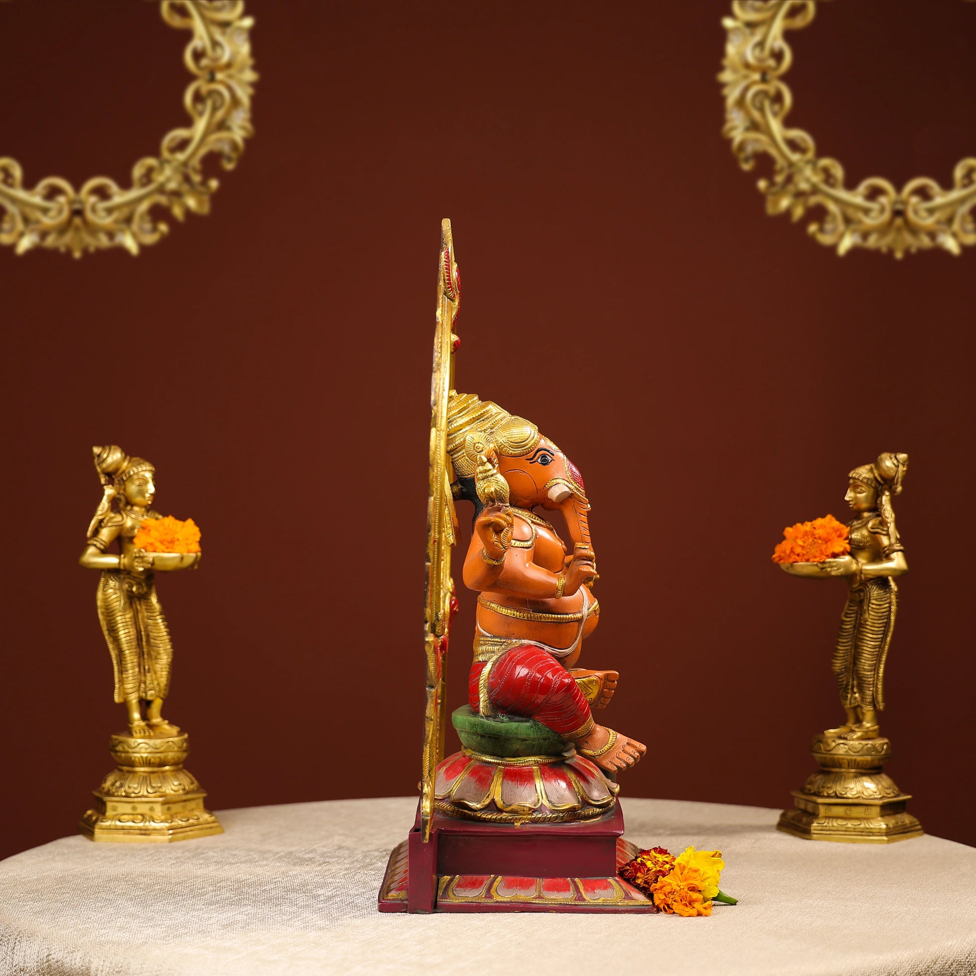 Multi coloured Ganesha Idol With Prabhavali And Mooshika