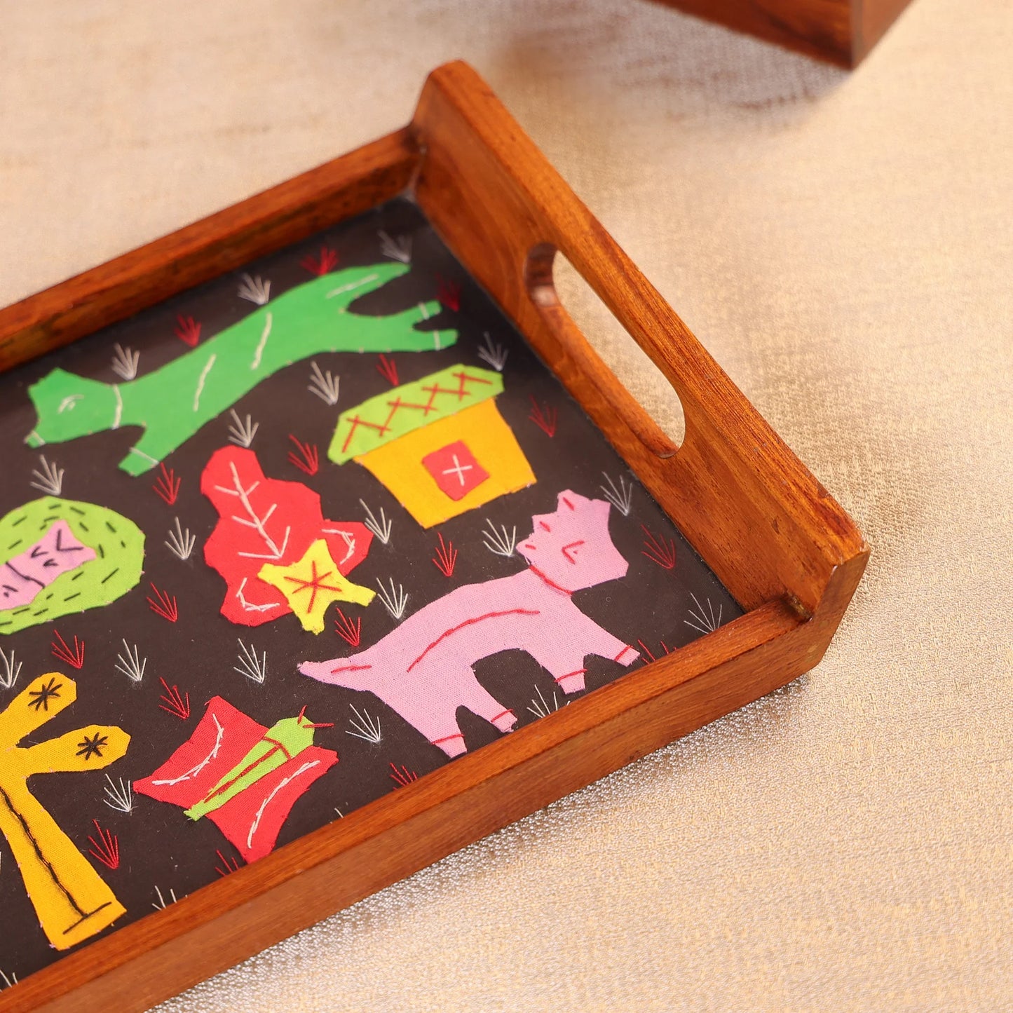Teak Wood & Glass Framed Tribal Aplique Craft Serving Tray