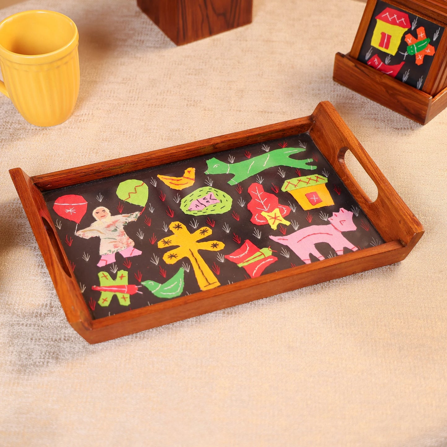 Teak Wood & Glass Framed Tribal Aplique Craft Serving Tray