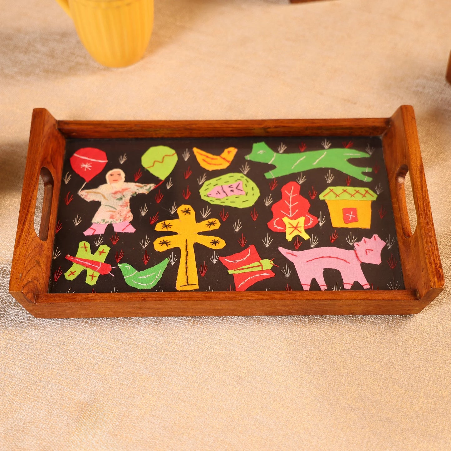 Teak Wood & Glass Framed Tribal Aplique Craft Serving Tray