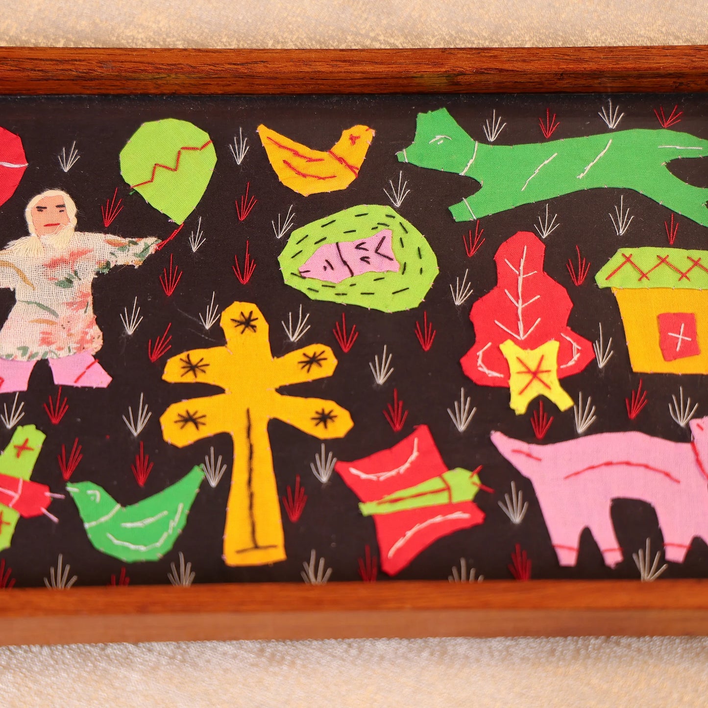 Teak Wood & Glass Framed Tribal Aplique Craft Serving Tray