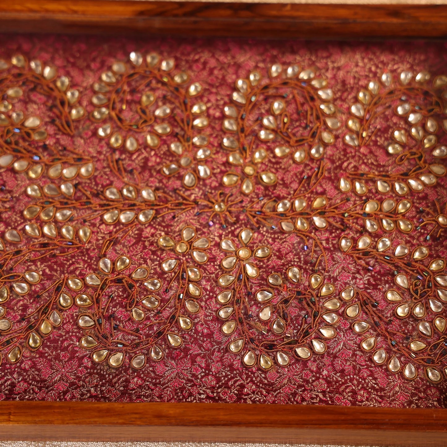 Teak Wood & Glass Framed Kundan Craft Serving Tray
