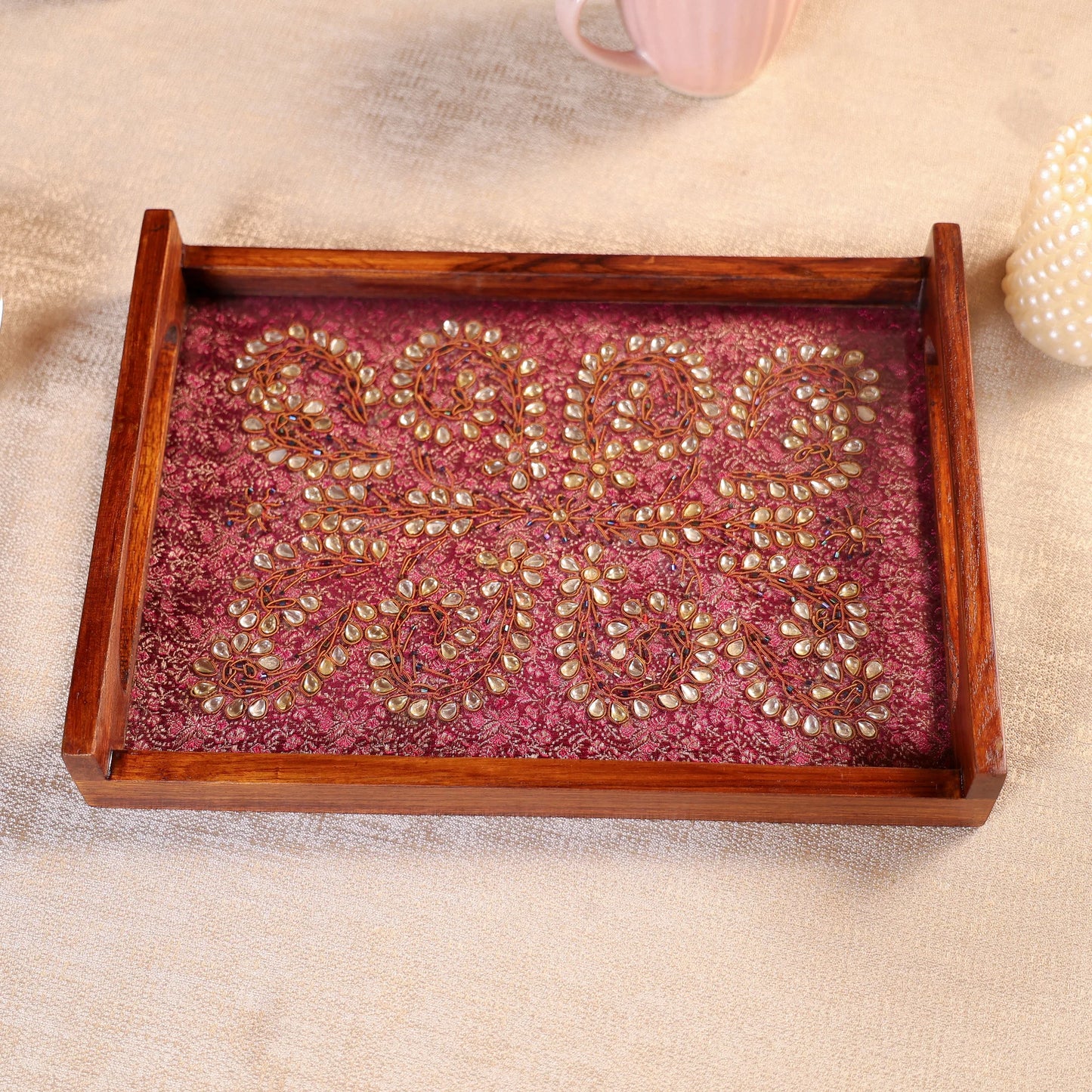 Teak Wood & Glass Framed Kundan Craft Serving Tray