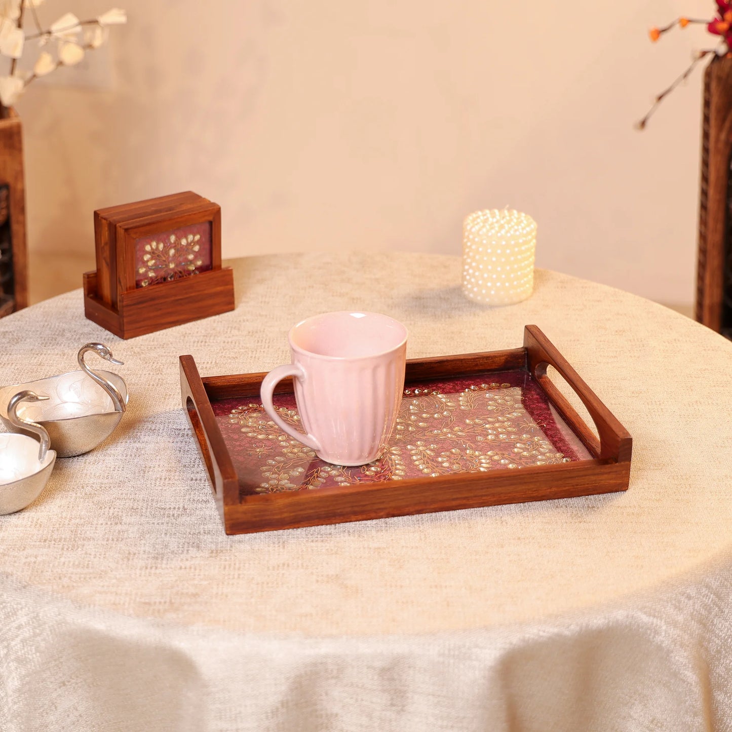 Teak Wood & Glass Framed Kundan Craft Serving Tray